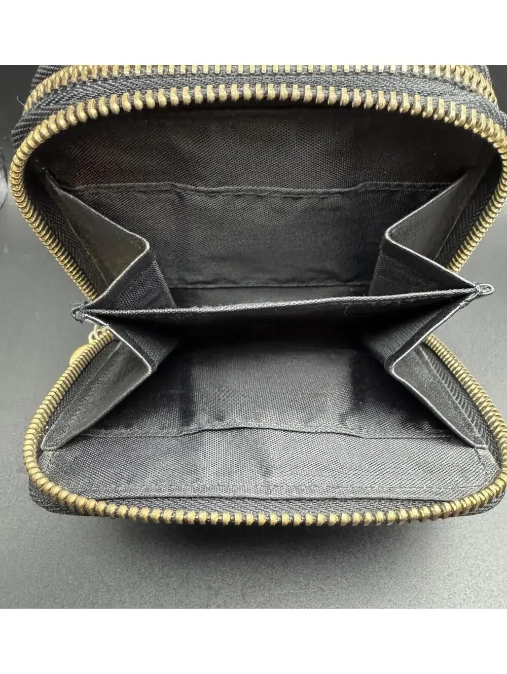 Black Leather Double Zip-Around Compact Wallet Gold Hardware